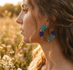 Kay Lee Blue Gold Beaded Hoop Earrings New